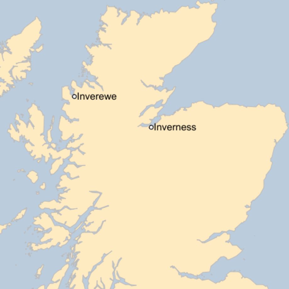 Map: A map showing the locations of Inverewe and Inverness in the Highlands.