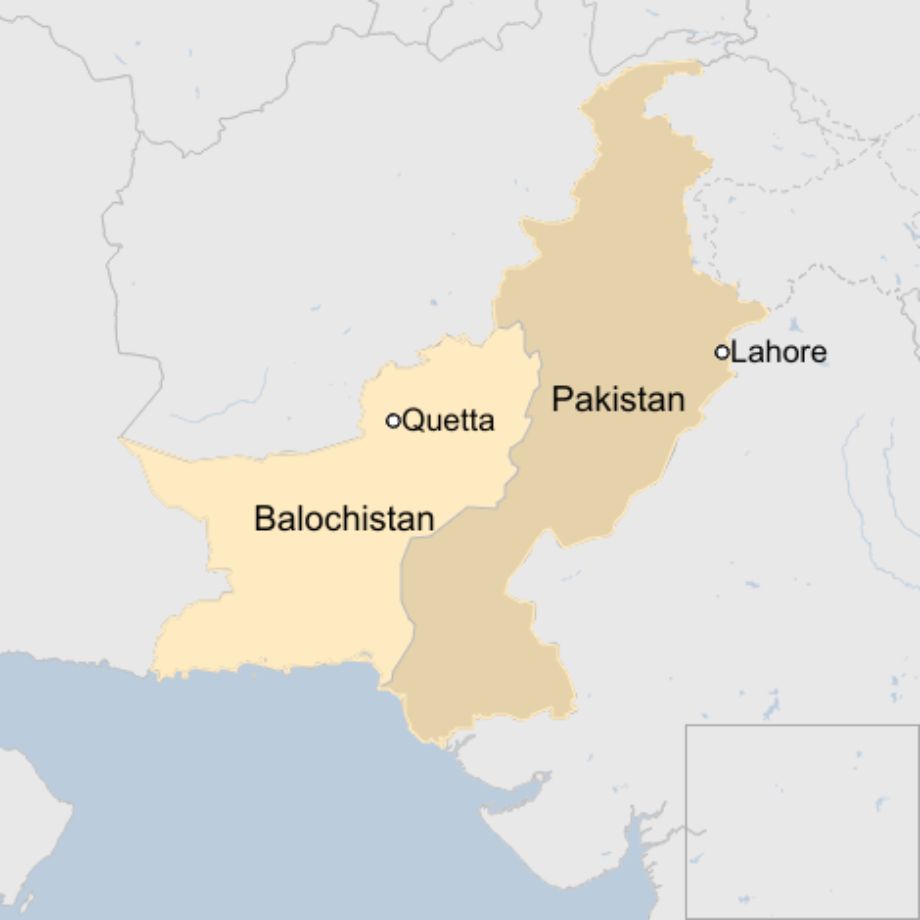 Map: A map showing the country of Pakistan, its capital city Lahore, the province of Balochistan and the city of Quetta, where a blast took place at a train station