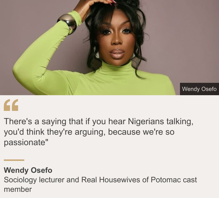 "There's a saying that if you hear Nigerians talking, you'd think they're arguing, because we're so passionate"", Source: Wendy Osefo, Source description: Sociology lecturer and Real Housewives of Potomac cast member, Image: A woman wearing a green top poses with her left hand touching her hair.