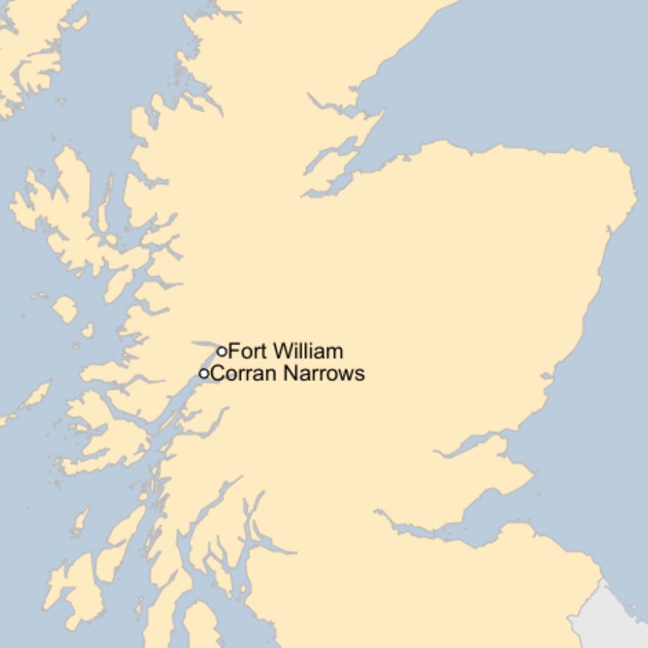 Map: The map shows a large area of mainland Scotland, and the locations of Fort William and Corran Narrows. 