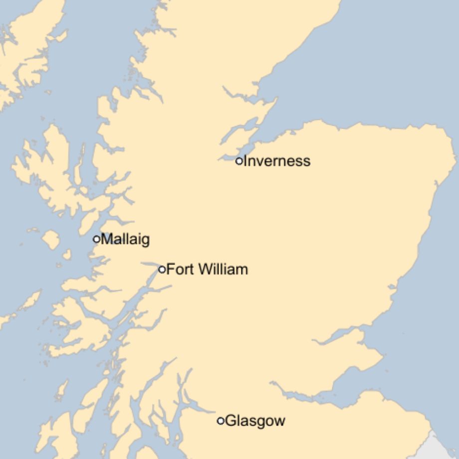 Map: A map of Scotland showing the locations of Inverness, Mallaig, Fort William and Glasgow.