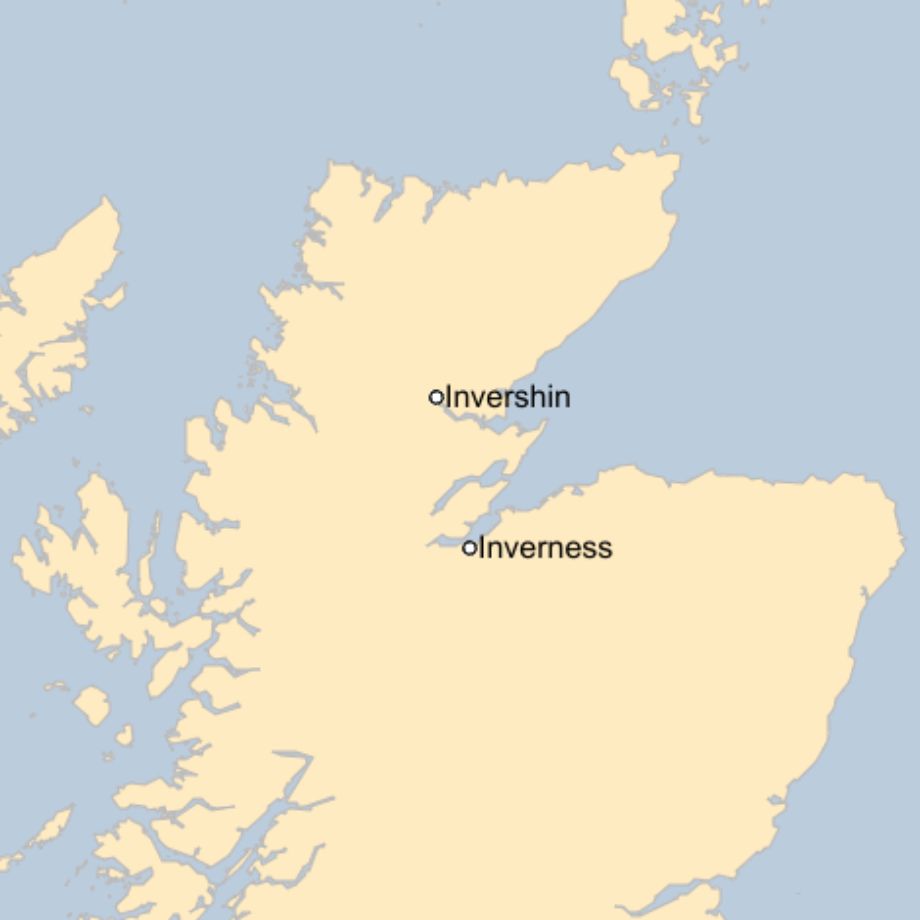 Map: A map of Scotland showing the locations of Invershin and Inverness.