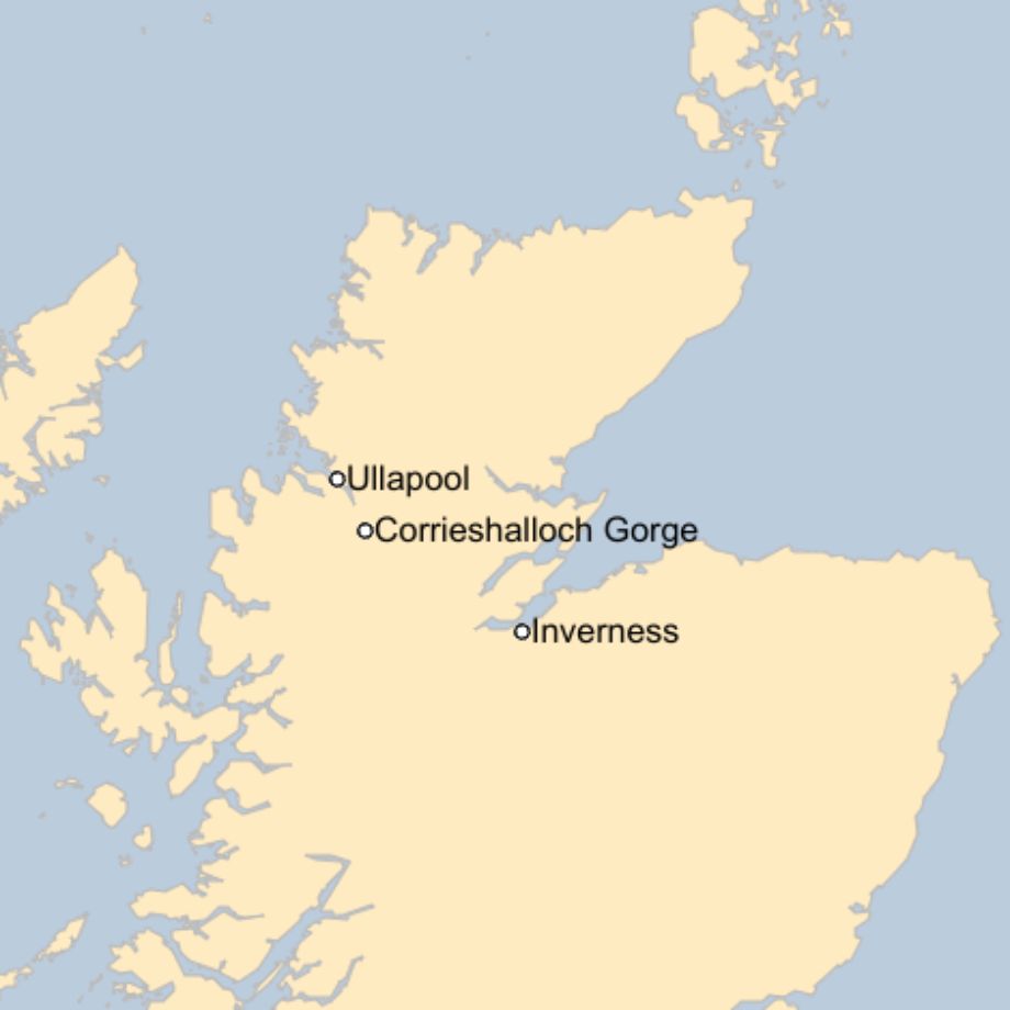 Map: A map of Scotland showing the locations of Ullapool, Corrieshalloch Gorge and Inverness.