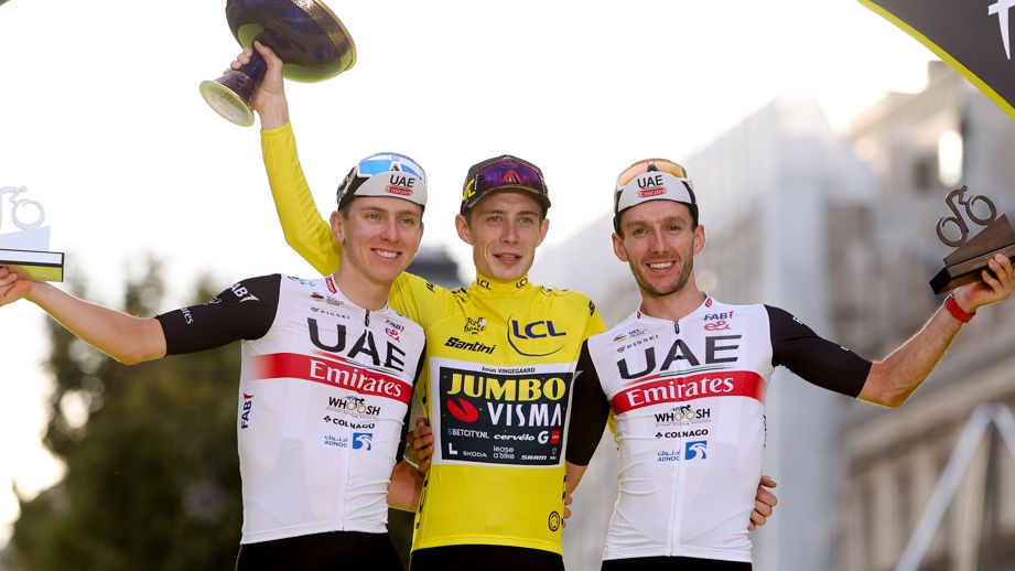 Tadej Pogacar, Jonas Vingegaard & Adam Yates on the podium in Paris in 2023