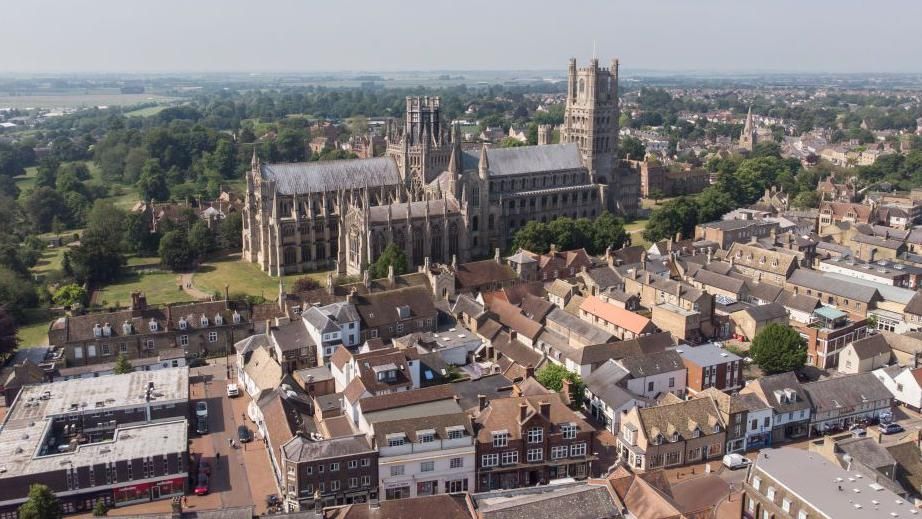 An aerial view of Ely, including the cathedral