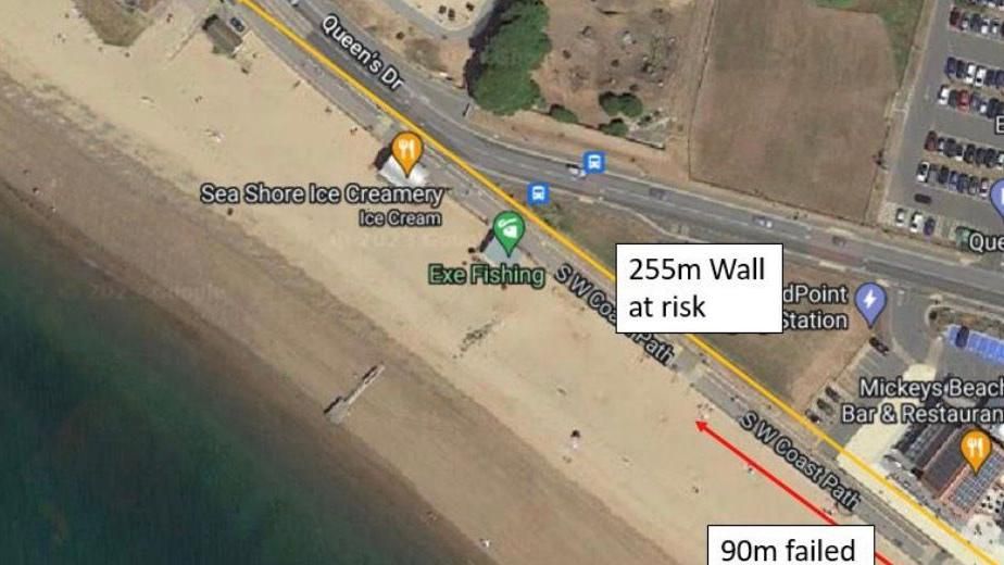 Map showing where Exmouth sea wall at risk 