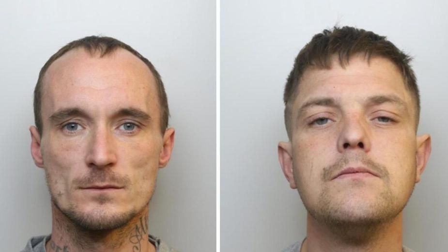 Police mugshots of Andrew Dymock and Robert White wearing grey t-shirts against a grey background