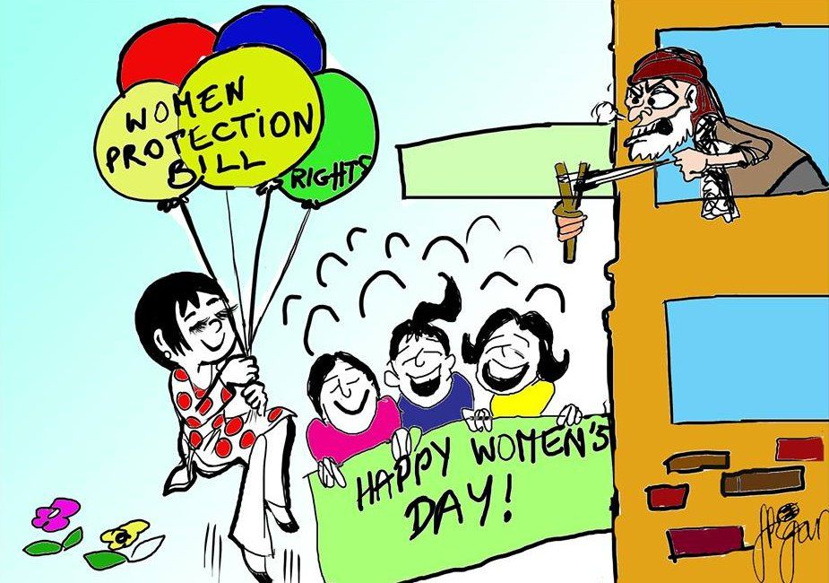 Comic showing women marching with the banner "Happy Women's Day!". Gogi is depicted floating up on balloons that read "women protection bill" and "rights", while an annoyed-looking old man attempts to break the balloons