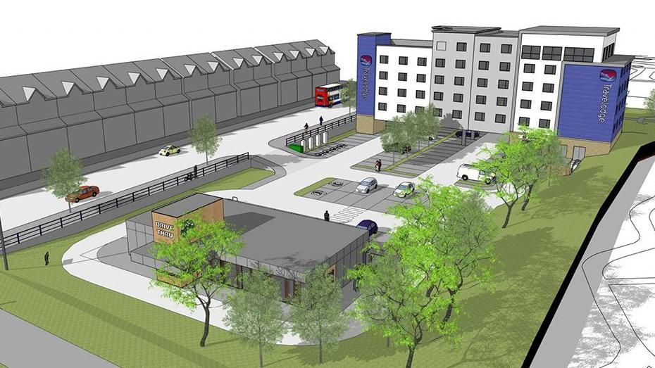 An artist's impression of a Travelodge hotel and coffee drive-through in Skegness