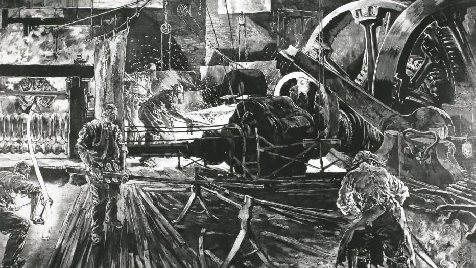 Inside the rolling mill of an ironworks in the Black Country, an industrial landscape around Wolverhampton, England. Drawn by Henri Lanos