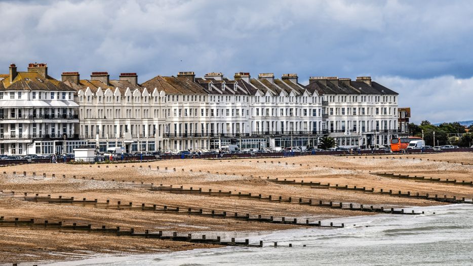 A view of Eastbourne beach, deserted.