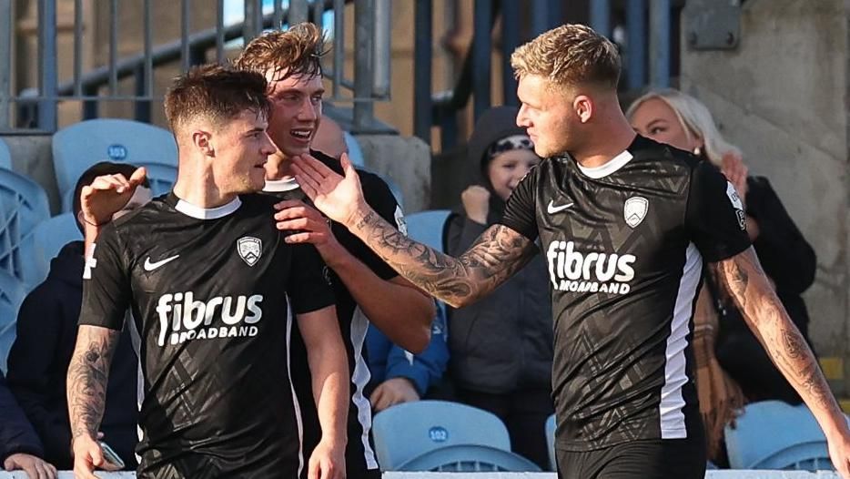 Rhyss Campbell celebrates his goal with Matthew Shevlin