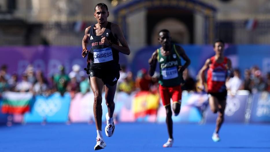 Emile Cairess finishes the Olympic marathon