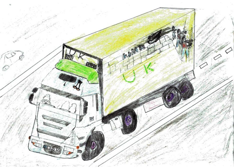 Ahmad has drawn a picture of the lorry that brought him to England