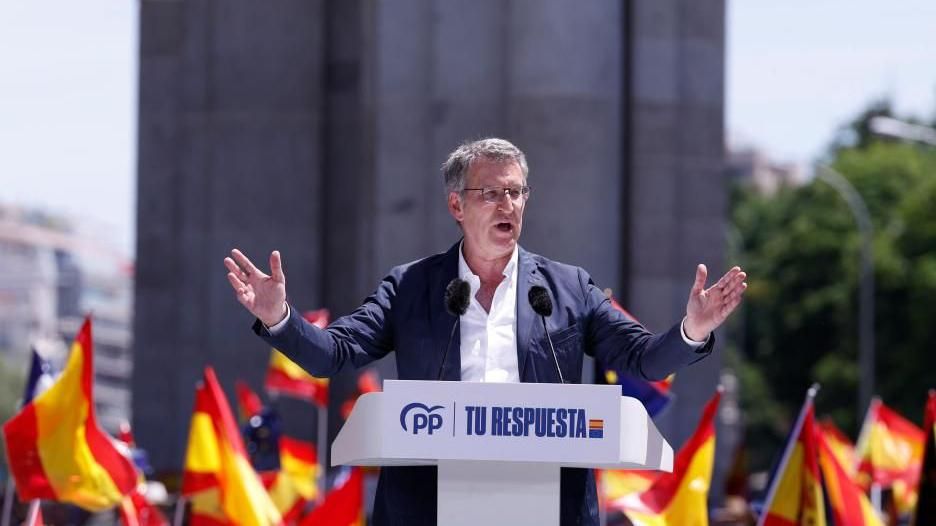 Spain's Popular Party (PP) leader Alberto Nunez Feijoo speaks during a rally against the so-called amnesty law called by his party in Madrid