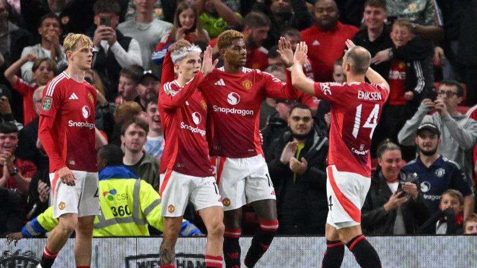 Manchester United striker Marcus Rashford (second right) has scored in successive games for the first time since March