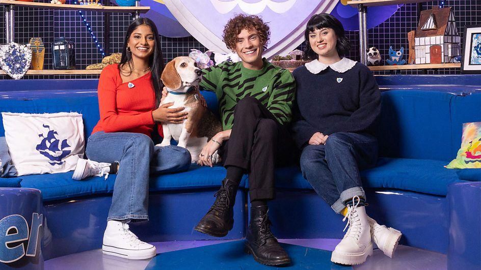 Blue Peter presenters with Henry the dog