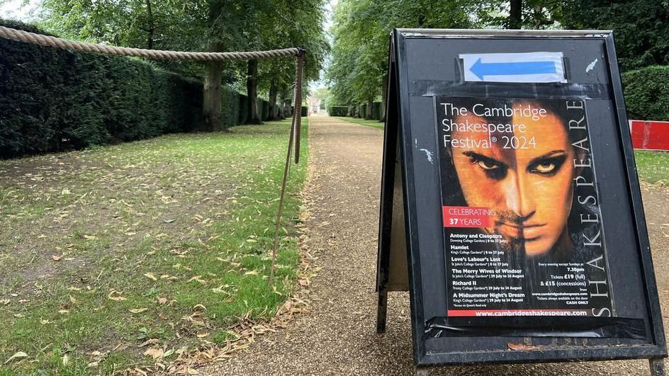 A sign for the Cambridge Shakespeare Festival 2024 on a pathway