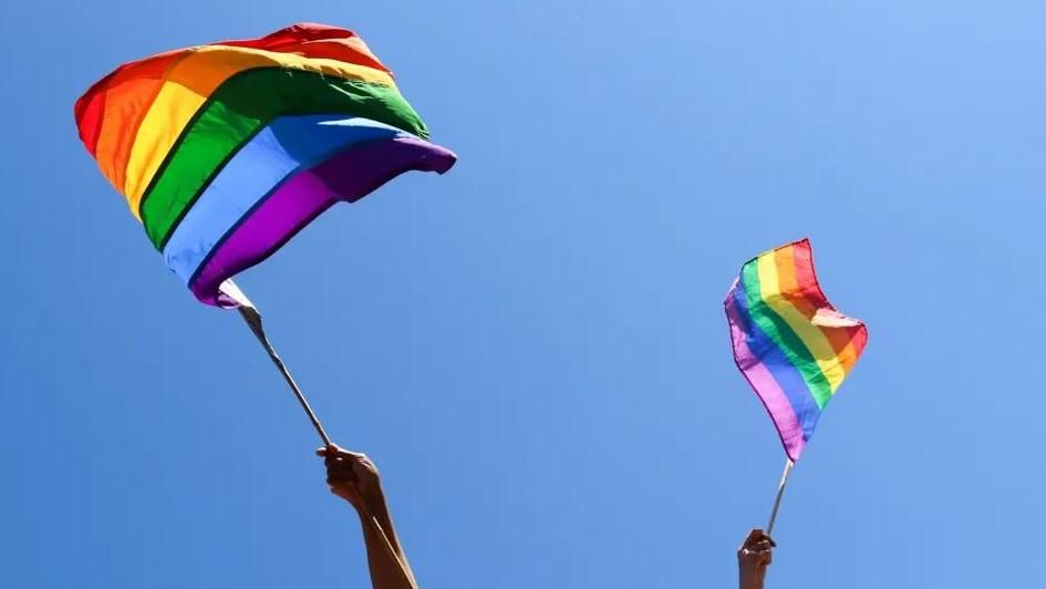 Two hands waving rainbow flags in the sky.