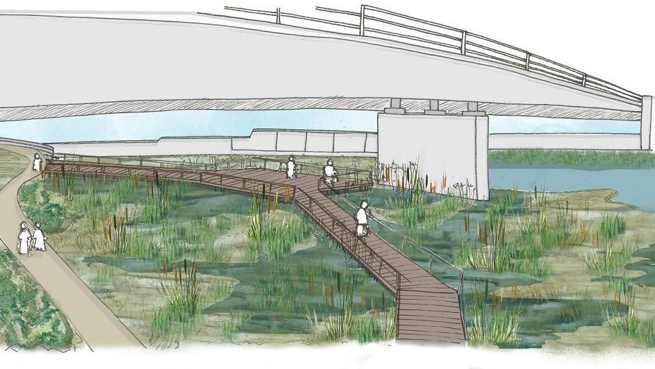 Coloured sketch of footpaths and wetlands underneath a bridge