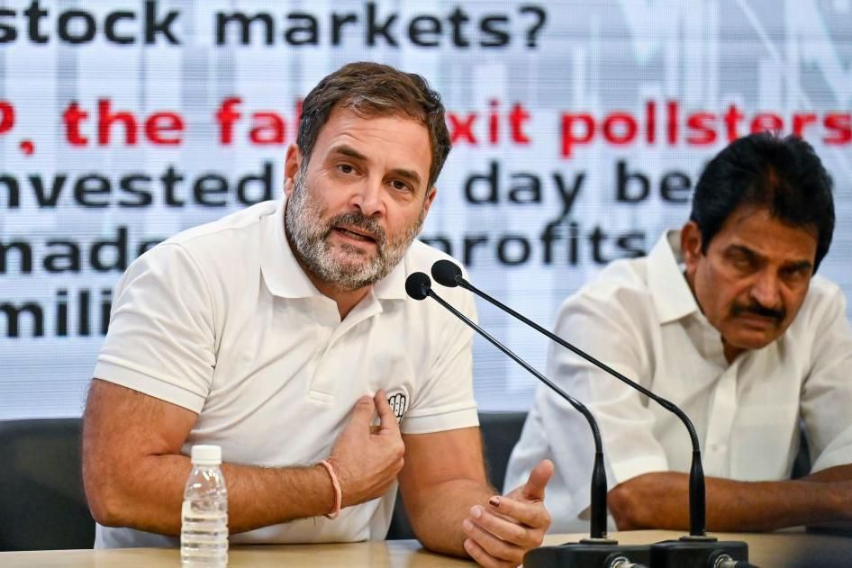Congress leaders Rahul Gandhi and KC Venugopal during a press conference at AICC Headquater on June 6, 2024 in New Delhi, India.
