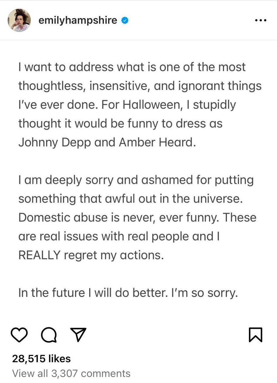 Screenshot of Emily Hampshire's apology on Instagram