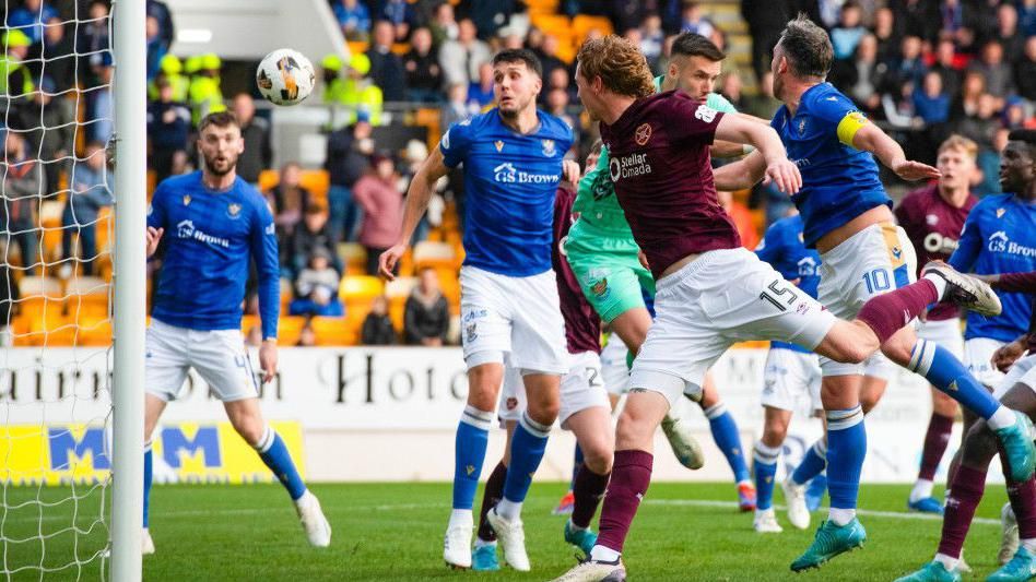 St Johnstone striker Nicky Clark's header heads into the net