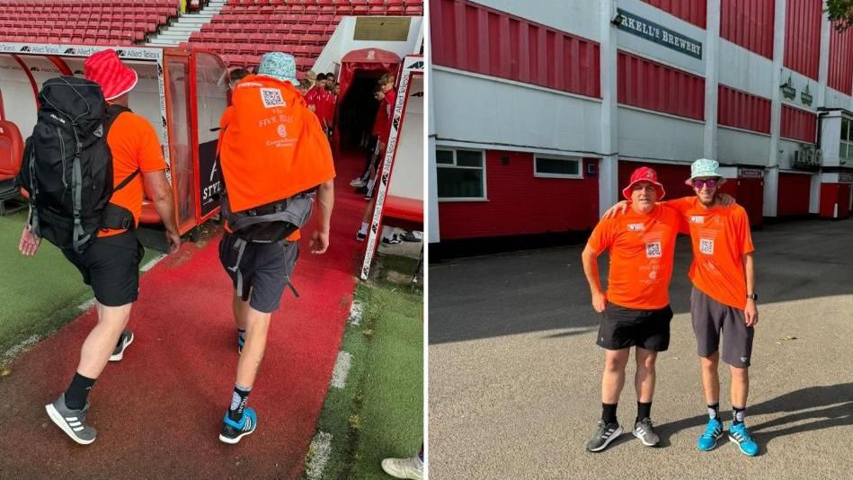 A split image - one shows the pair walking beneath the seats in a football stadium, the other shows them standing outside with their arms round each other under an Arkell's Brewery sign