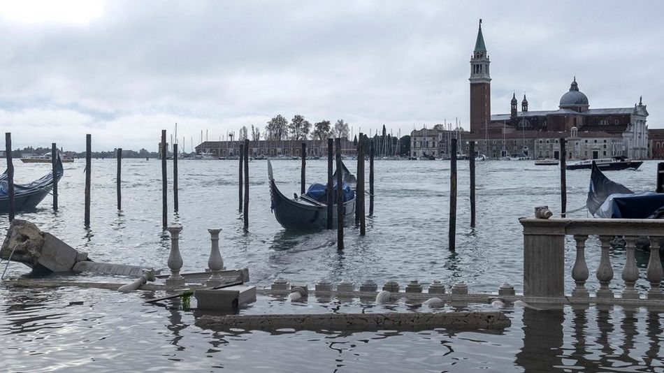 Wind and high water damaged the marble columns of the Riva degli Schiavoni in Venice, 13 November 2019