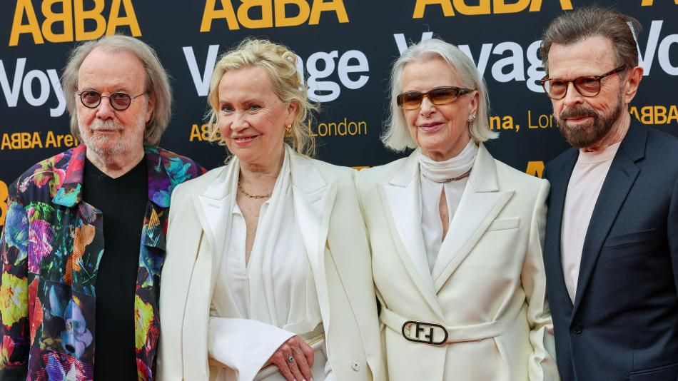 (L to R) Benny Andersson, Agnetha Faltskog, Anni-Frid Lyngstad and Björn Ulvaeus attend the World Premiere of "ABBA Voyage" at the ABBA Arena on May 26, 2022 in London