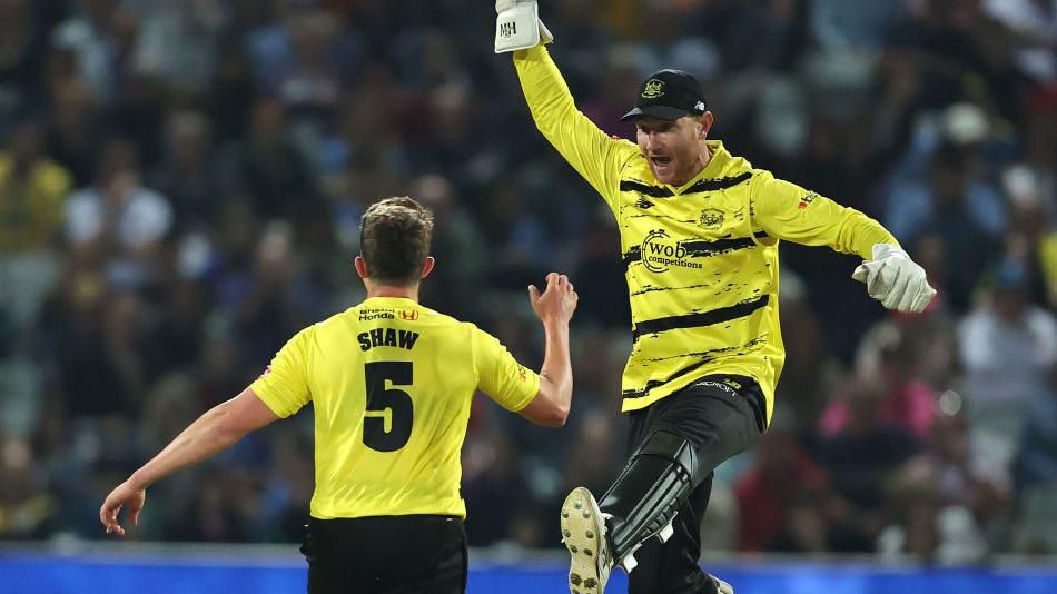 James Bracey and Josh Shaw celebrate Gloucestershire's quarter-final win at Edgbaston