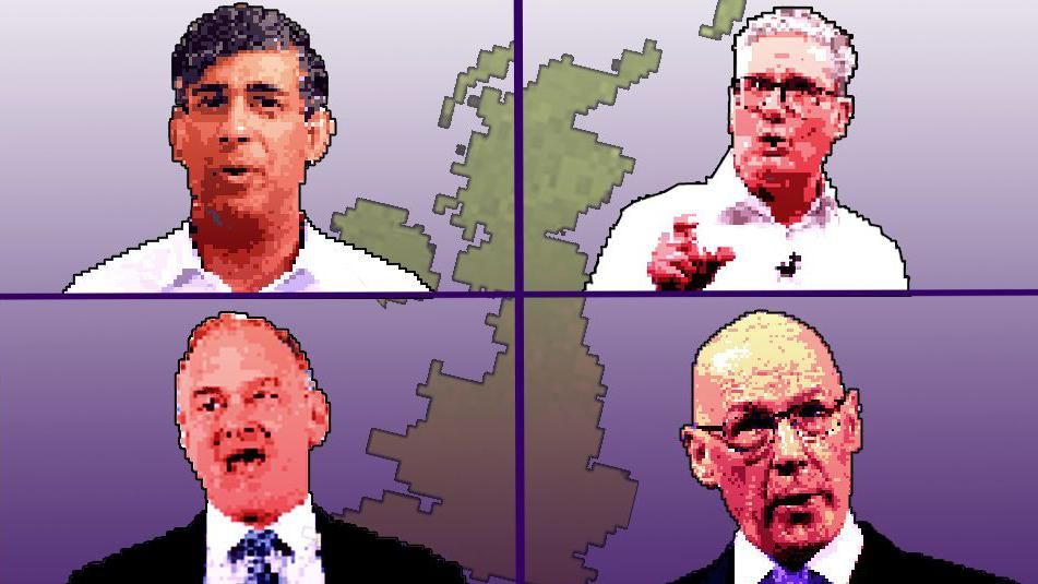 Pixelated images of, clockwise from top left, Conservative leader Rishi Sunak, Labour leader Keir Starmer, SNP leader John Swinney and Liberal Democrat Leader Sir Ed Davey. The frame is split into four, and in the background a pixelated image of the United Kingdom can be seen against a purple background.