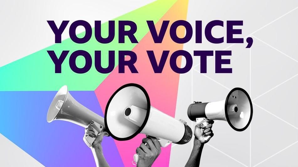 Hands holding megaphones with Your Voice, Your Vote in text above 