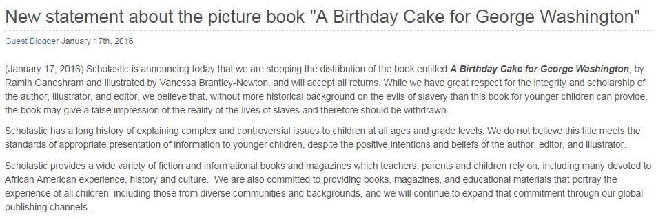 Scholastic's statement on A Birthday Cake for George Washington