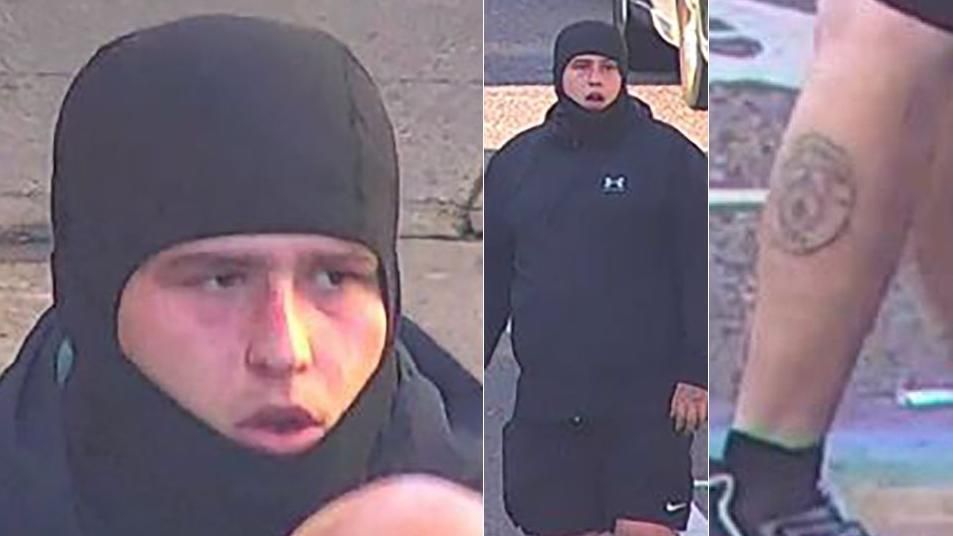 Image of man police want to speak to - close up (left) in a balaclava, image of his full body (middle) and leg tattoo