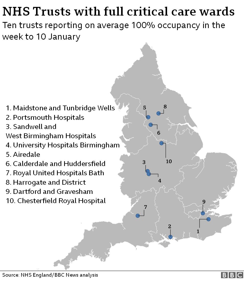 map showing 10 hospitals with full critical care wards in England
