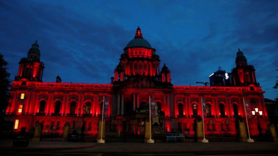 Belfast City Hall is illuminated on the 75th anniversary of VE Day, Belfast, Northern Ireland, 8 May 2020