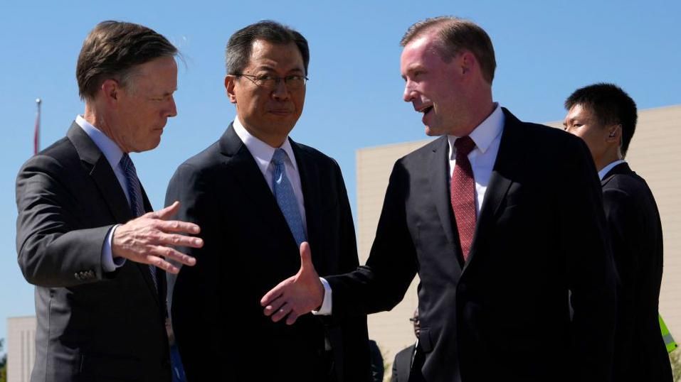 US National Security Advisor Jake Sullivan (R) is welcomed by Director General of the Department of North American and Oceanian Affairs of the Foreign Ministry Yang Tao (C) and US Ambassador to China Nicholas Burns (L) upon arriving at the Beijing Capital International Airport in Beijing on August 27, 2024.