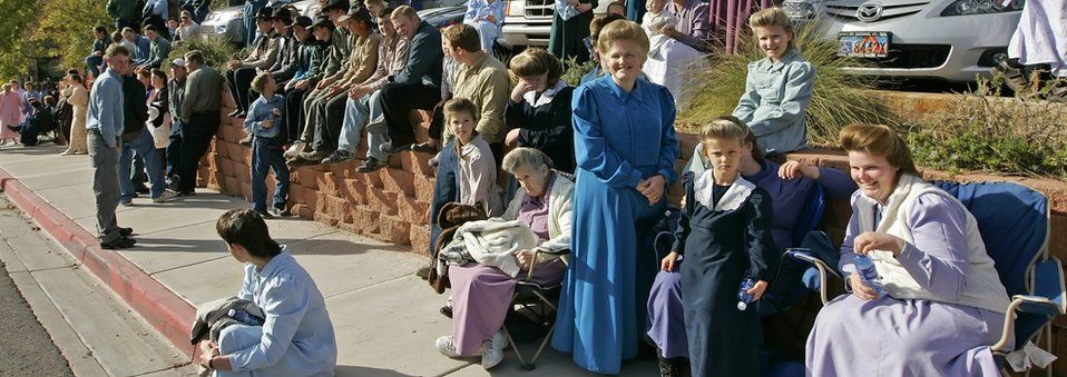 Members of the polygamist sect in Colorado City gathered to protest the sale of anymore land from the FLDS Trust by the state of Utah, Nov 2008