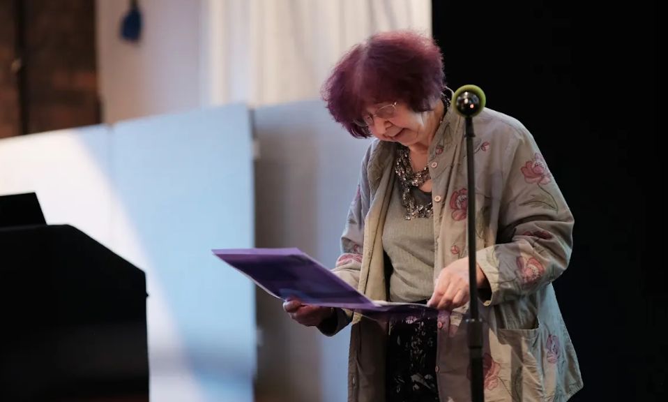 Hazel Hammond on stage at the Lyra Poetry Festival