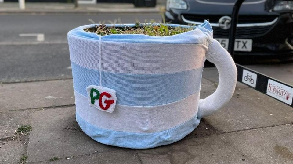 A PG tips knitted design covers a planter