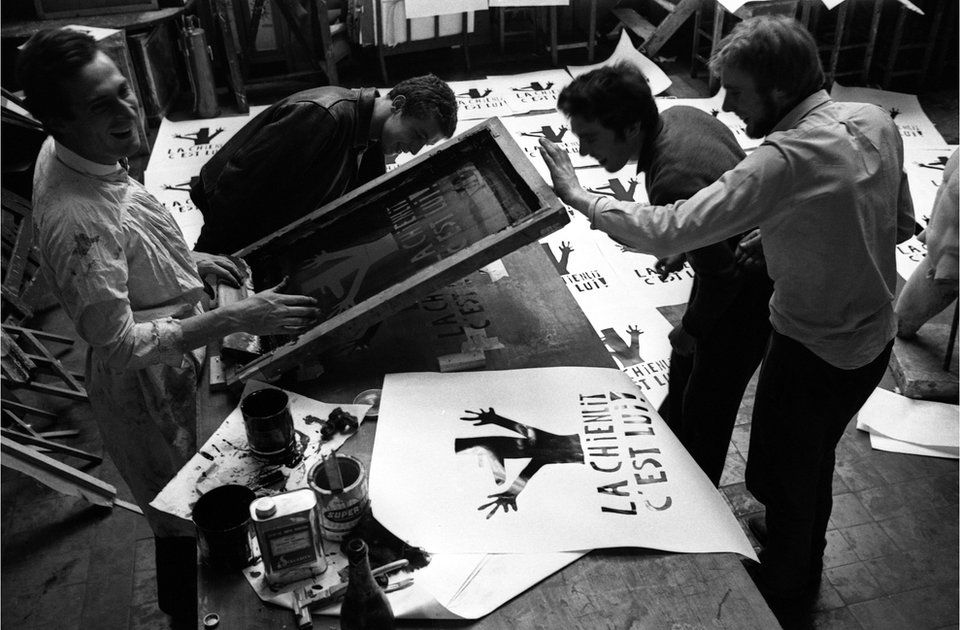 French students printing protest posters in 1968