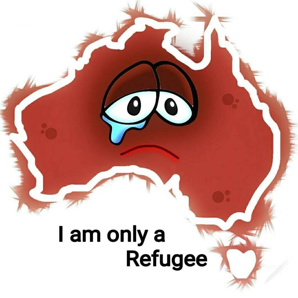A drawing by EatenFish, showing a map of Australia, with two crying eyes, and the words "I am only a refugee"