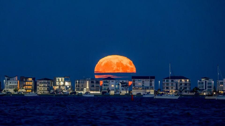 A large orange moon partially obscured by a cloud appears above a row of apartments on sandbanks. The dark blue sky is clear above and in the foreground there are several white boats floating on a dark blue sea.