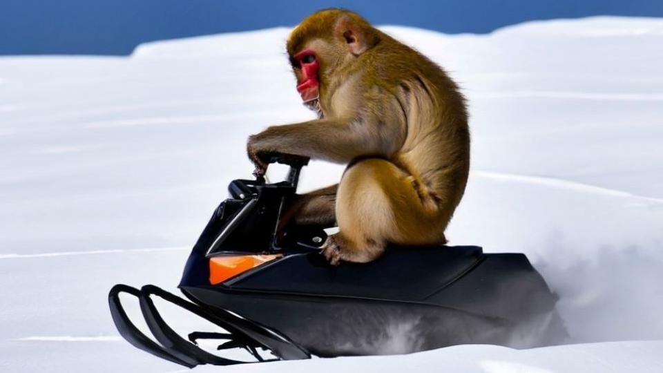 Monkey on snow mobile