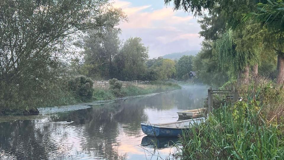 A river. A small boat sits on the right hand side of the river behinds some grass and bushes. Trees on either side of the river.