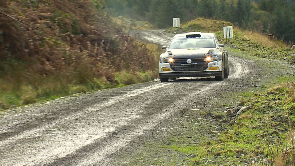 Oliver Solberg in shakedown practice in forest in Cambrian Rally 2022