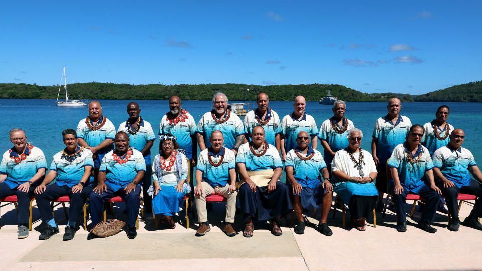 Prime Minister of Tonga (C, front row) Hu'akavameiliku poses for a group picture with Pacific Island Forum (PIF) Leaders at the end of a retreat in Neiafu, Vava'u, Tonga on August 29, 2024