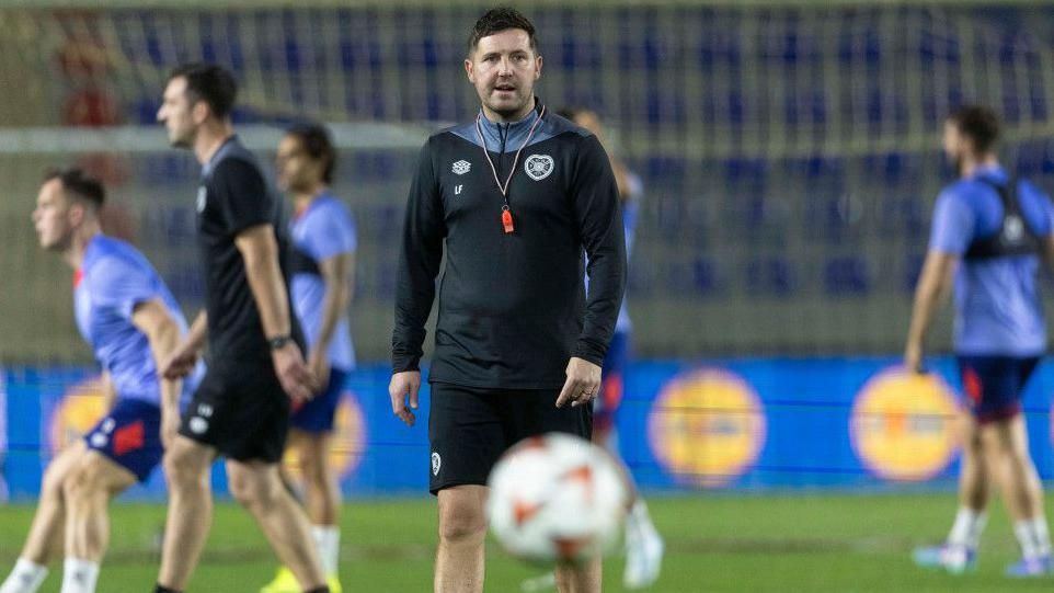 Hearts interim coach Liam Fox at the Mehdi Huseynzade Stadium