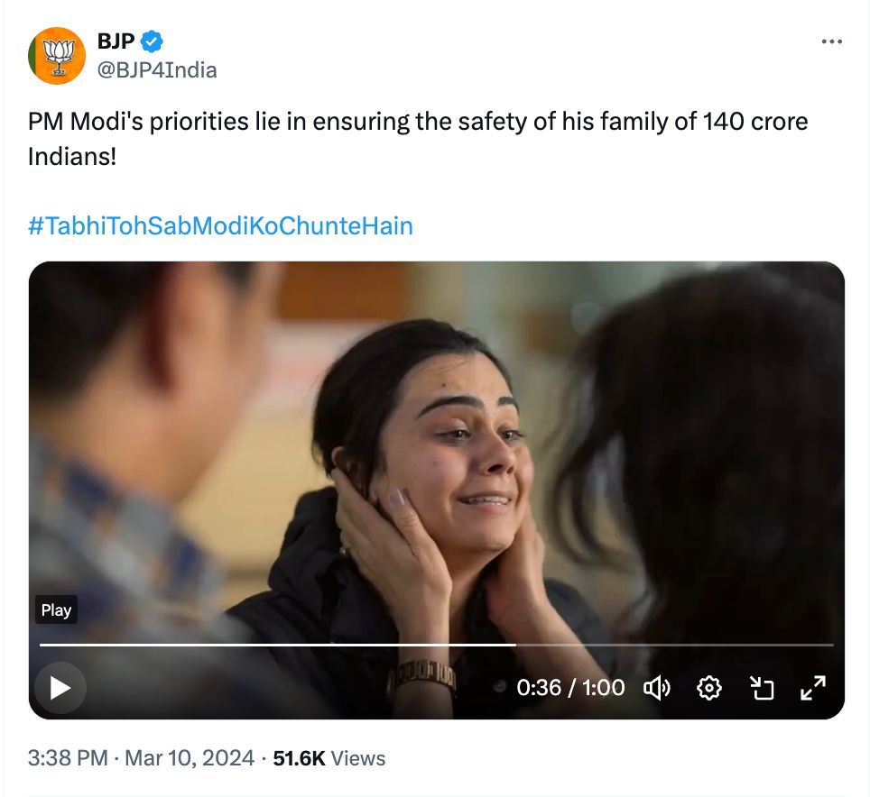 The advertisement shows perplexed couples awaiting their children at an Indian airport as a young woman hugs her parents and tells them Mr Modi "stopped the war"
